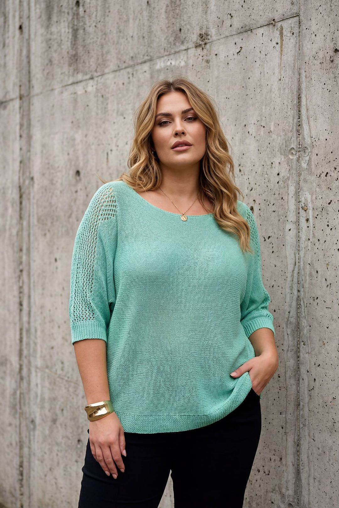 Plain Knitted Batwing Tunic Cotton Top — Mint Green