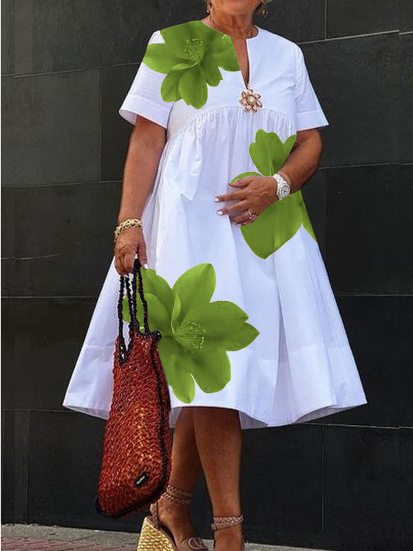 A-Line Loose Flower Print Pleated V-Neck Midi Dresses for Women - Light Green
