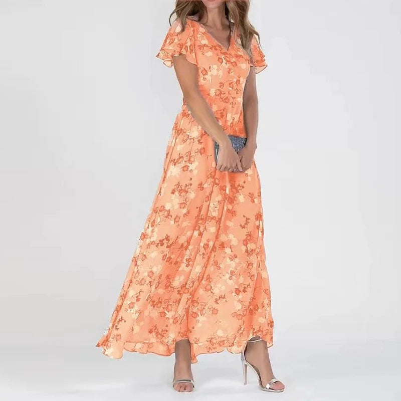 Printed Chiffon Dress with Ruffle Sleeves for Women
