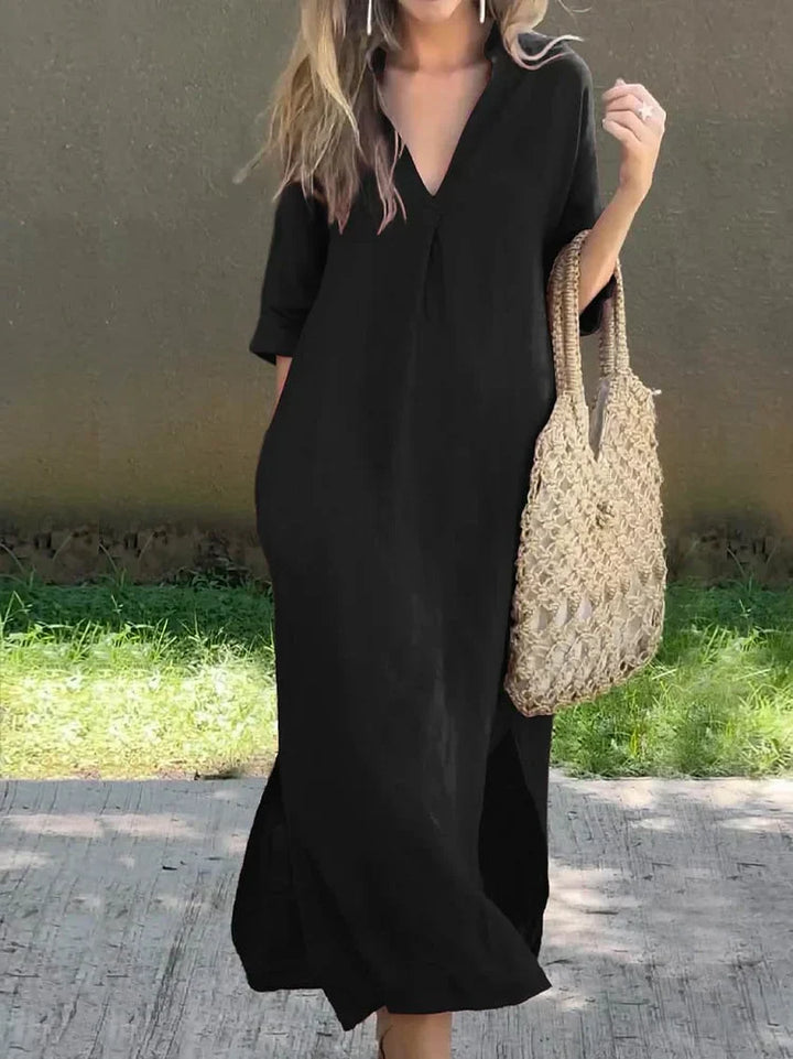 V-Neck Cotton Dress with Built-In Pockets for Women