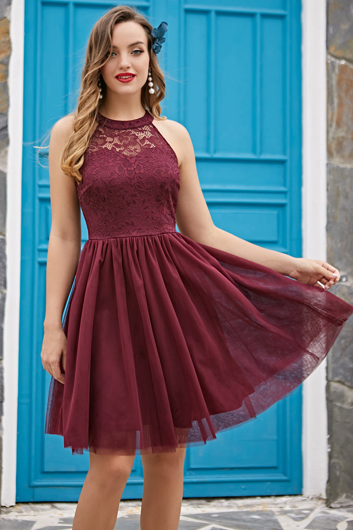 Burgundy Lace Halter Dress with Tulle Skirt for Women