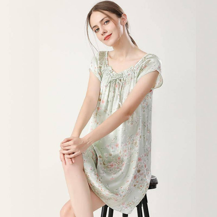Floral Print Silk Nightgown for Loose Silk Nightdress for Women - Green
