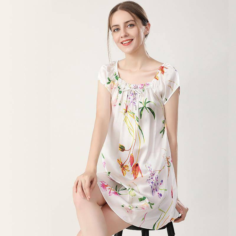 Floral Print Silk Nightgown for Loose Silk Nightdress for Women - White