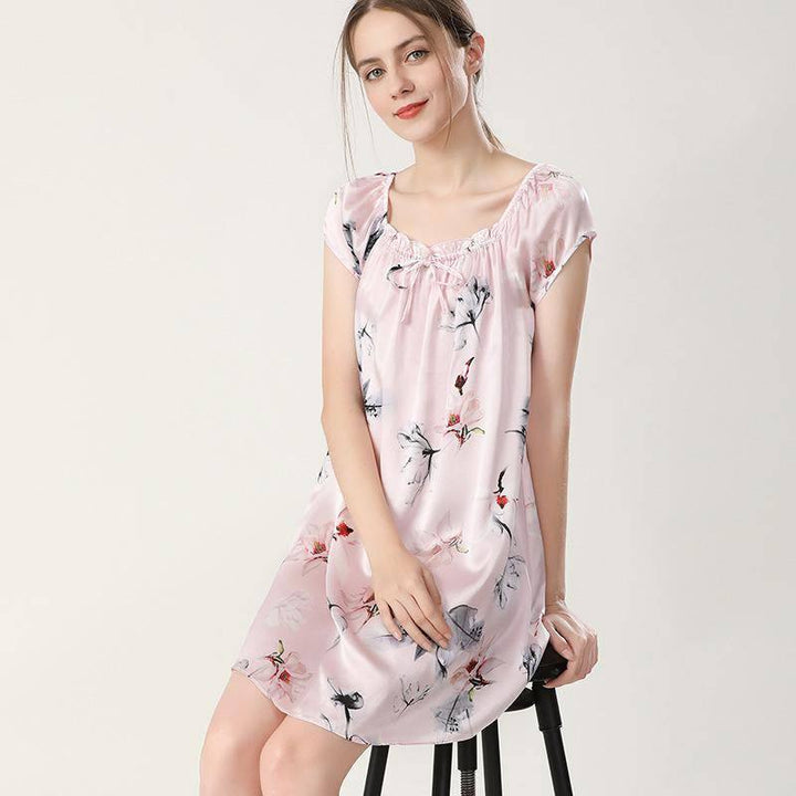 Floral Print Silk Nightgown for Loose Silk Nightdress for Women
