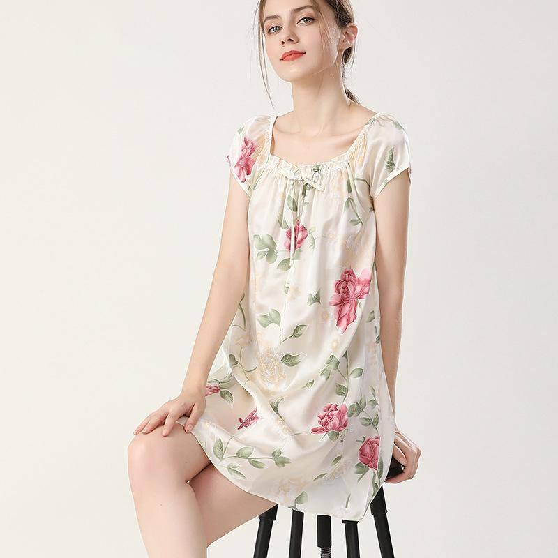 Floral Print Silk Nightgown For Women Loose Silk Nightdress — Ivory