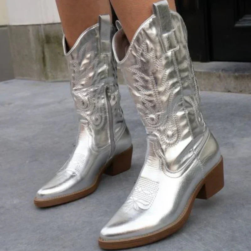 Metallic Cowboy Boots with Block Heel for Women