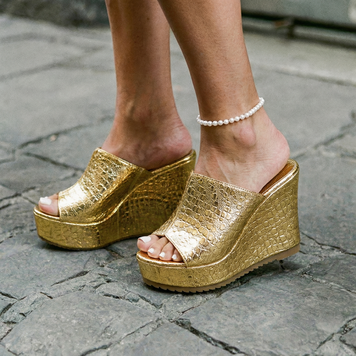 Glossy Wedge Sandals for Women - Gold