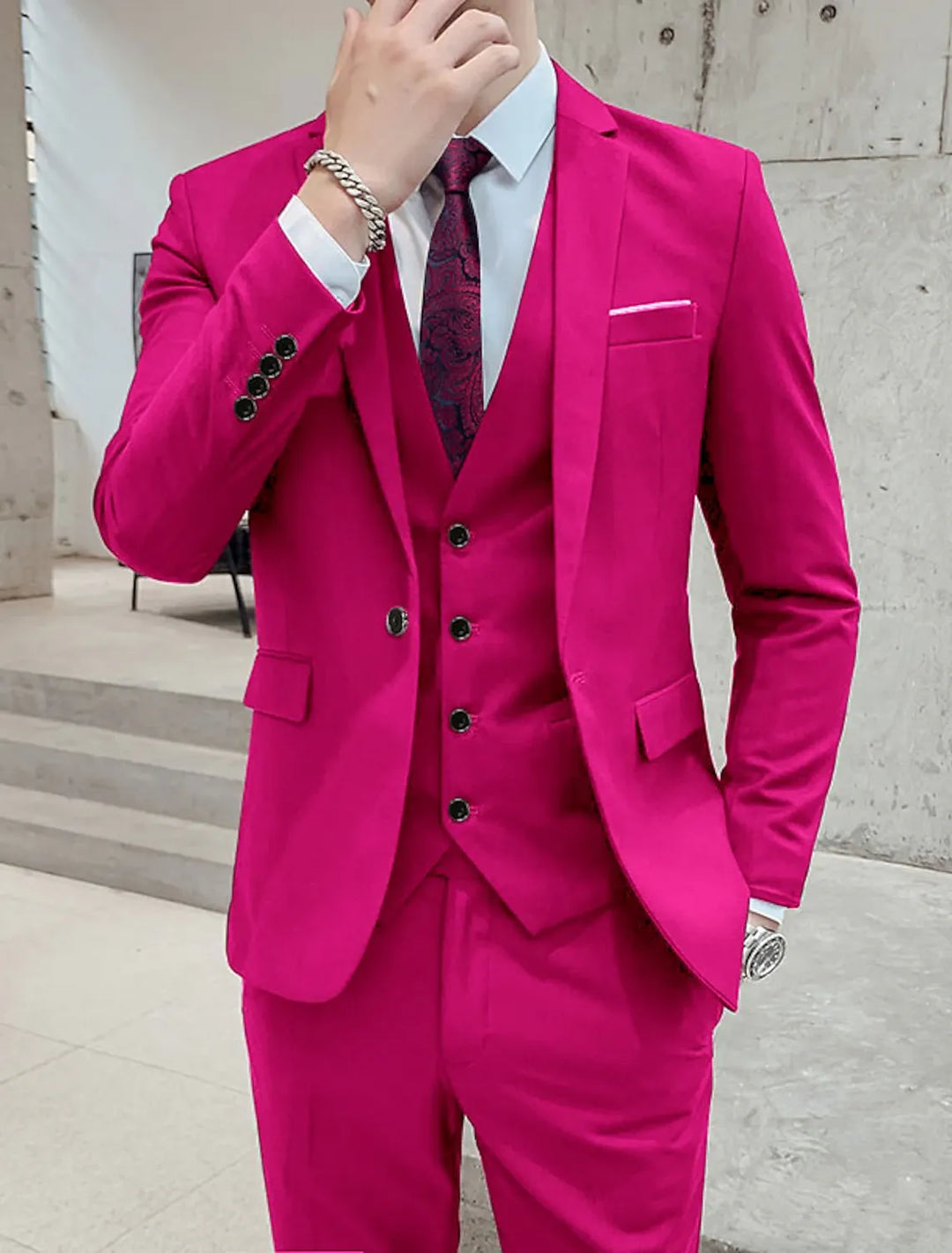 Wedding Business Formal Three-Piece Suit for Men - Fuchsia