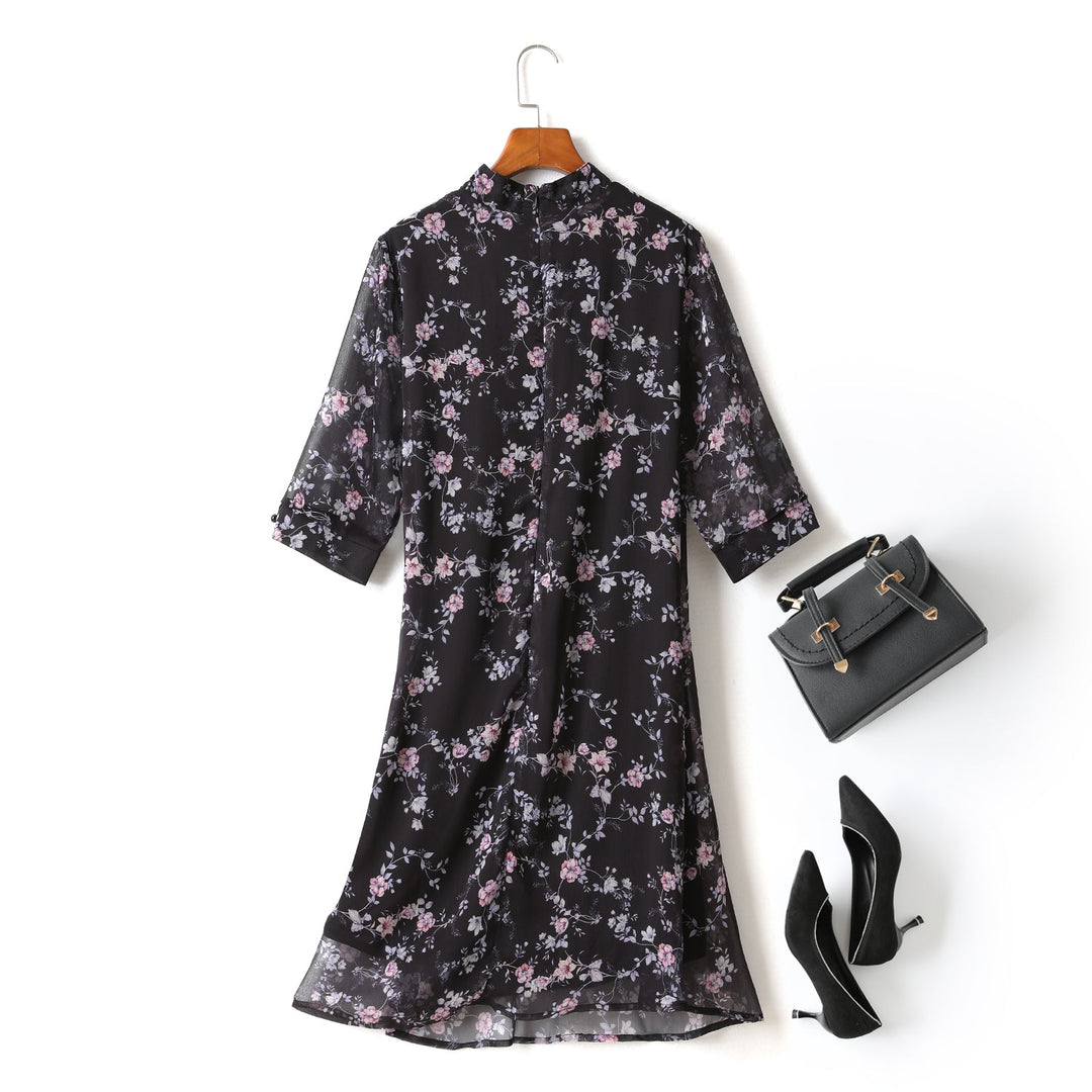 Gina Plus Size Floral Print Chiffon Cheongsam Qipao Mid Sleeve Dress (Bl... — gallery