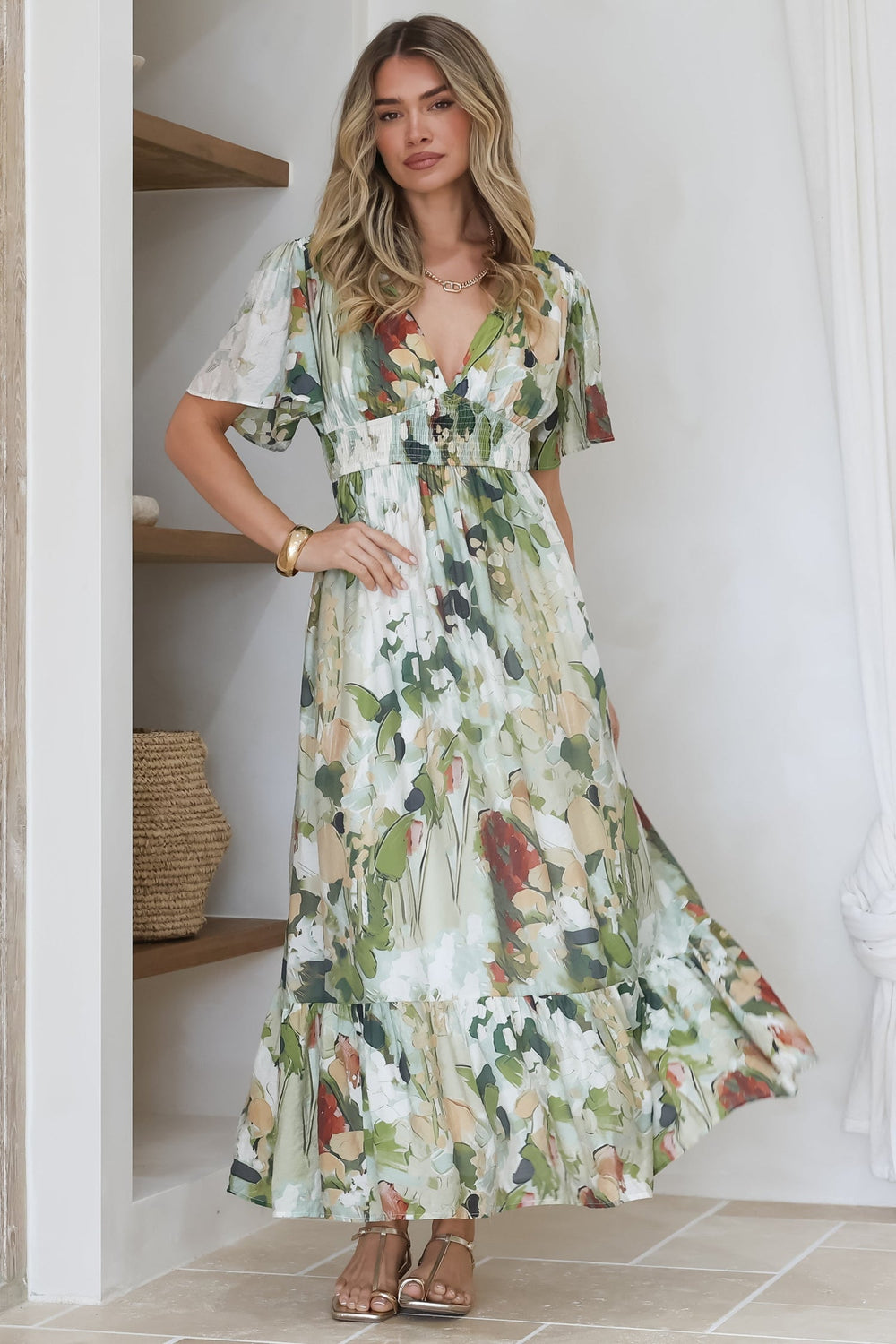 Glades Maxi Dress - V Neck Shirred Waist A Line Dress in Kamara Print Green — gallery
