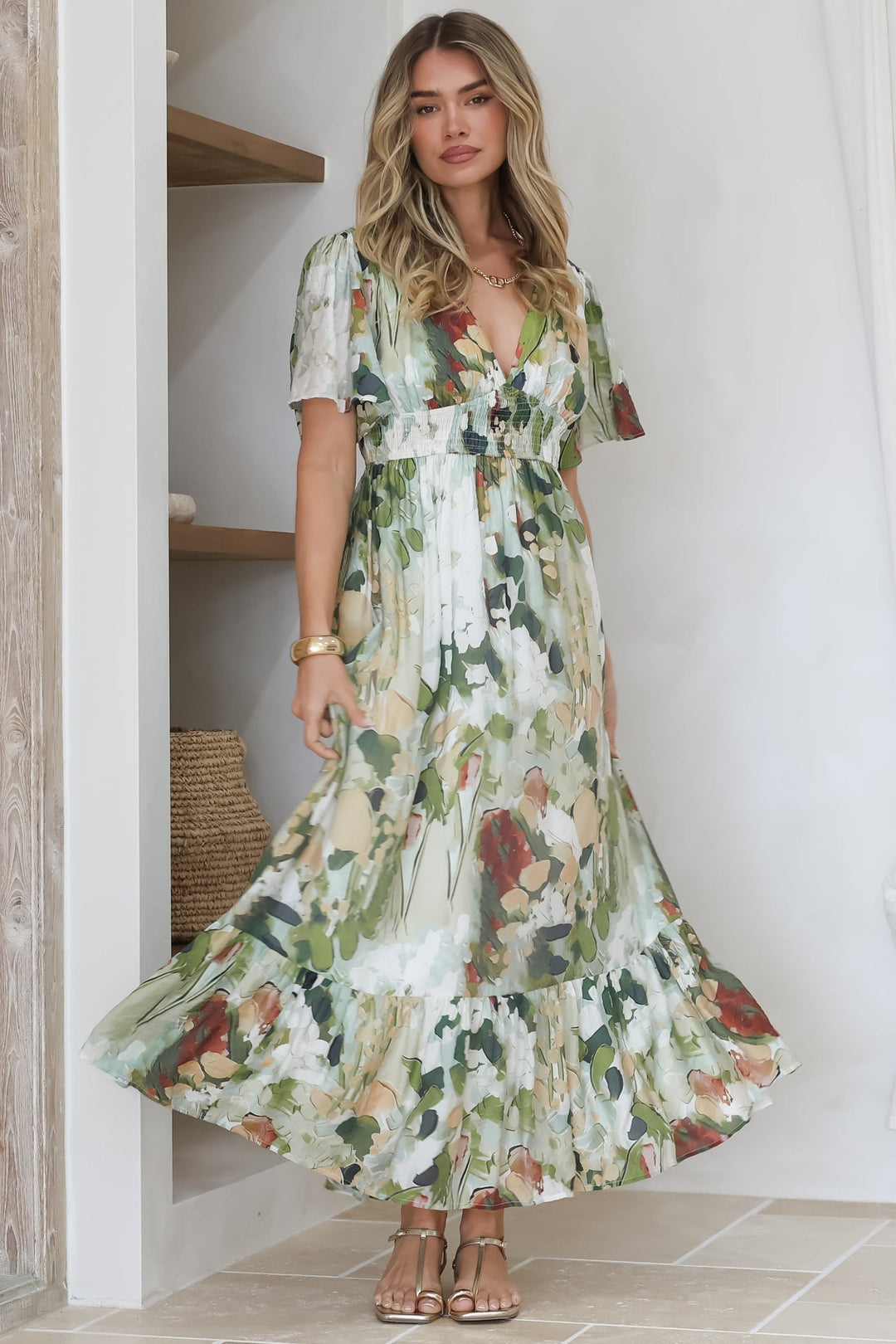 Glades Maxi Dress - V Neck Shirred Waist A Line Dress in Kamara Print Green — gallery