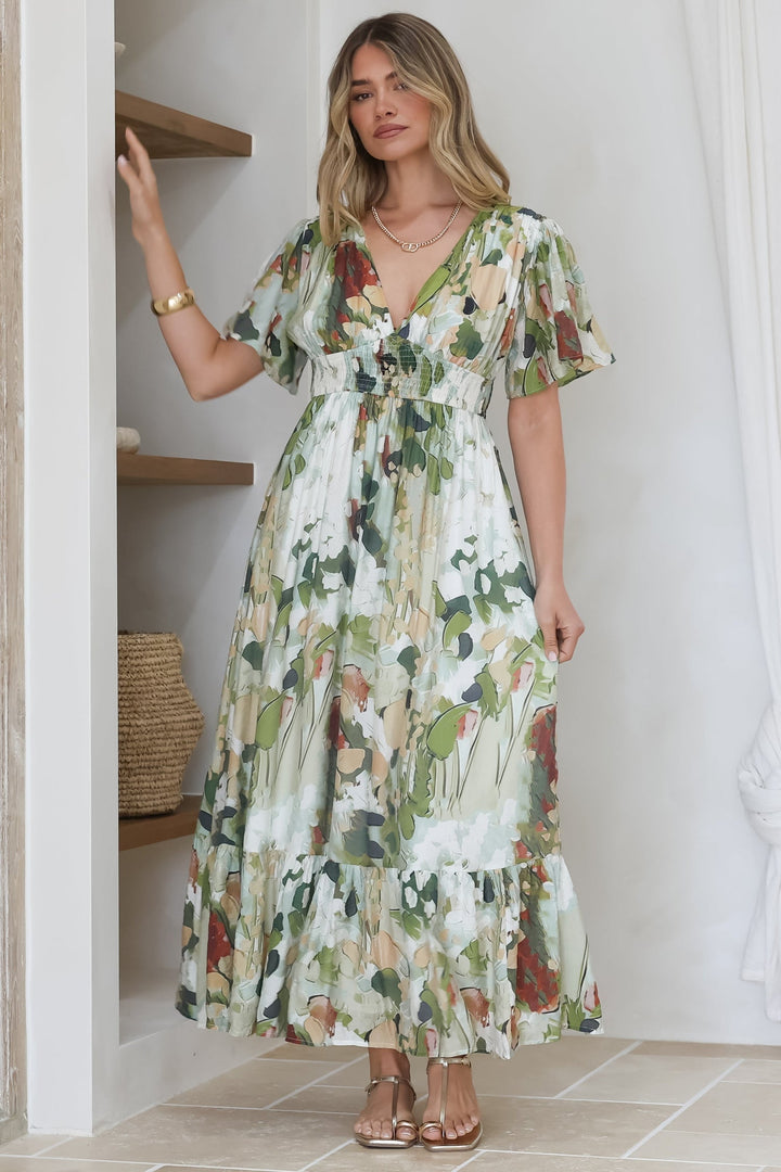 Glades Maxi Dress - V Neck Shirred Waist A Line Dress in Kamara Print Green — gallery