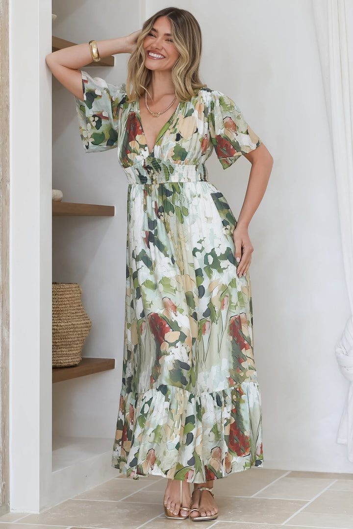 Glades Maxi Dress - V Neck Shirred Waist A Line Dress in Kamara Print Green — gallery