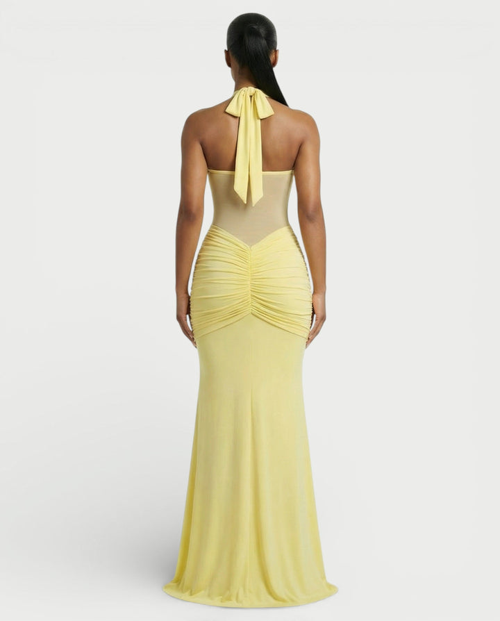 Alleya Halterneck Ruched Mesh Panel Maxi Dress for Women - gallery