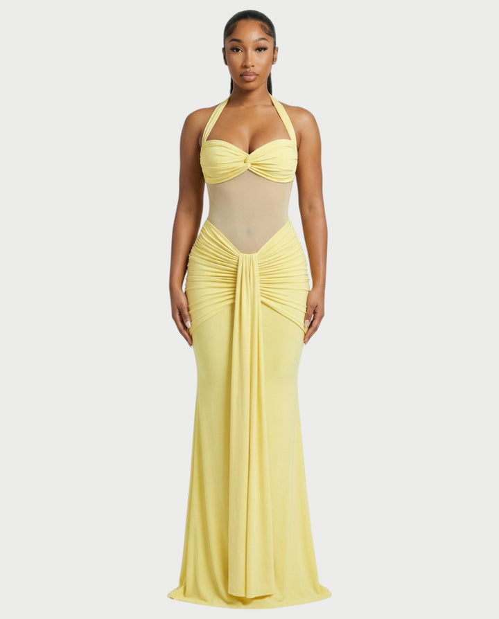 Alleya Halterneck Ruched Mesh Panel Maxi Dress for Women