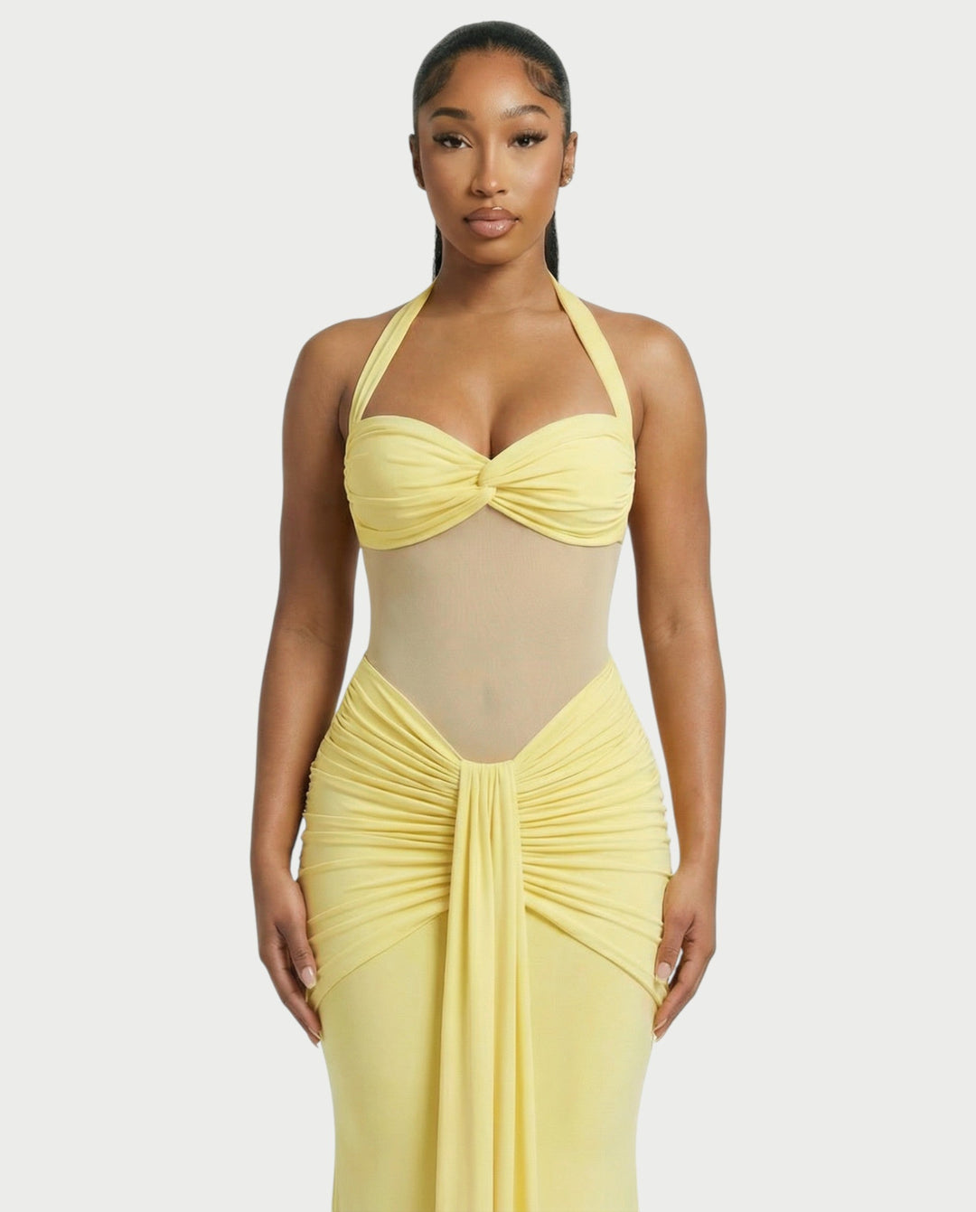 Alleya Halterneck Ruched Mesh Panel Maxi Dress for Women - gallery