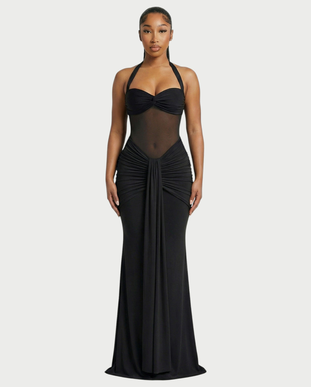 Alleya Halterneck Ruched Mesh Panel Maxi Dress for Women - gallery