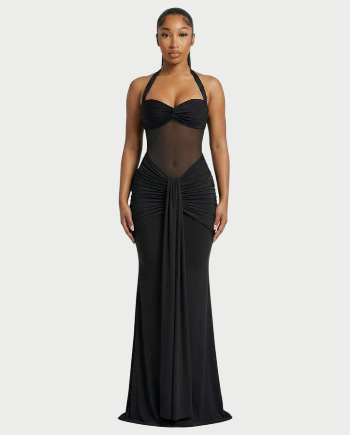 Alleya Halterneck Ruched Mesh Panel Maxi Dress for Women - gallery