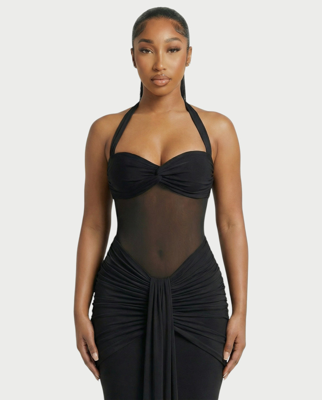 Alleya Halterneck Ruched Mesh Panel Maxi Dress for Women - gallery