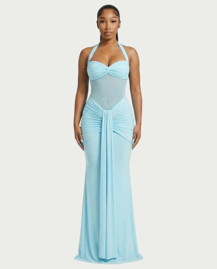 Alleya Halterneck Ruched Mesh Panel Maxi Dress for Women - gallery
