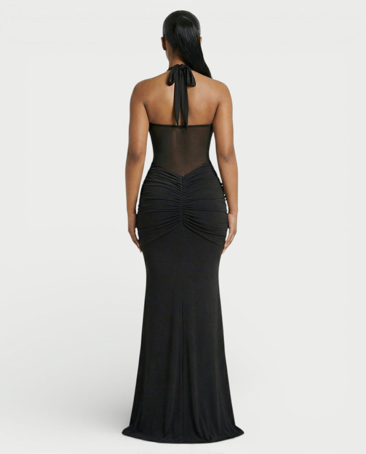 Alleya Halterneck Ruched Mesh Panel Maxi Dress for Women - gallery