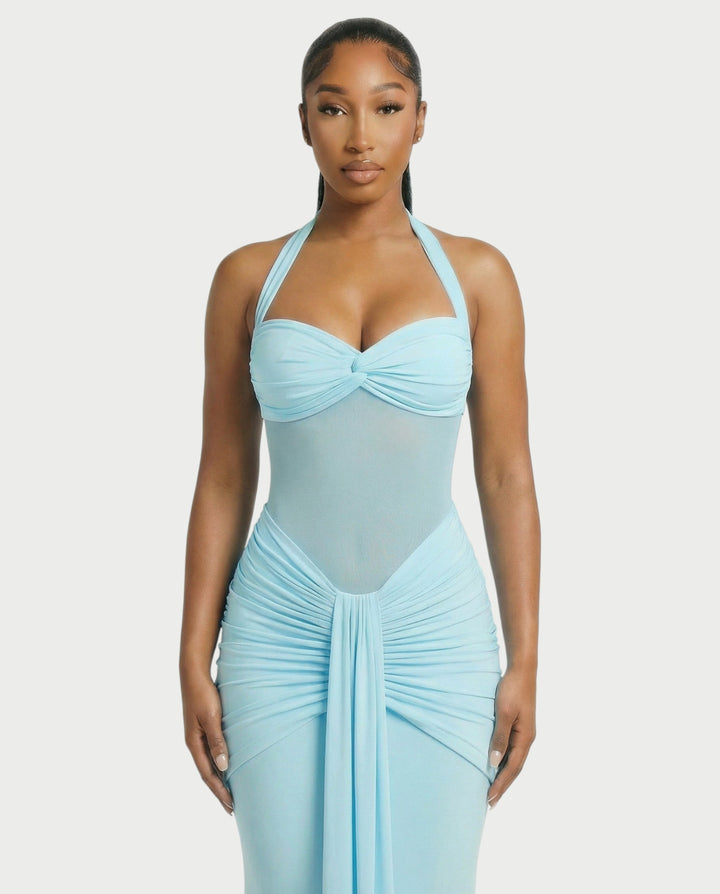 Alleya Halterneck Ruched Mesh Panel Maxi Dress for Women - gallery