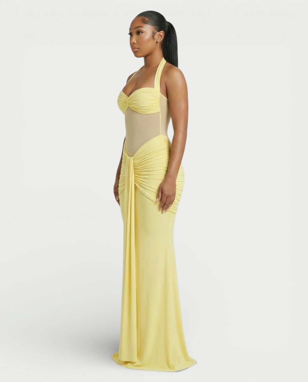 Alleya Halterneck Ruched Mesh Panel Maxi Dress for Women - gallery