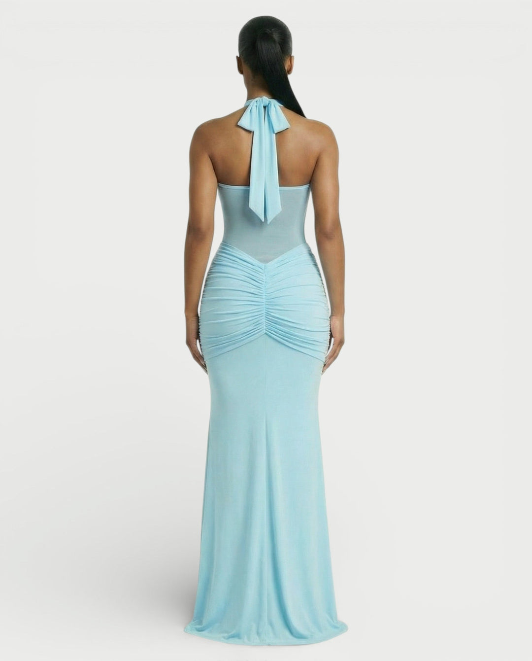 Alleya Halterneck Ruched Mesh Panel Maxi Dress for Women - gallery