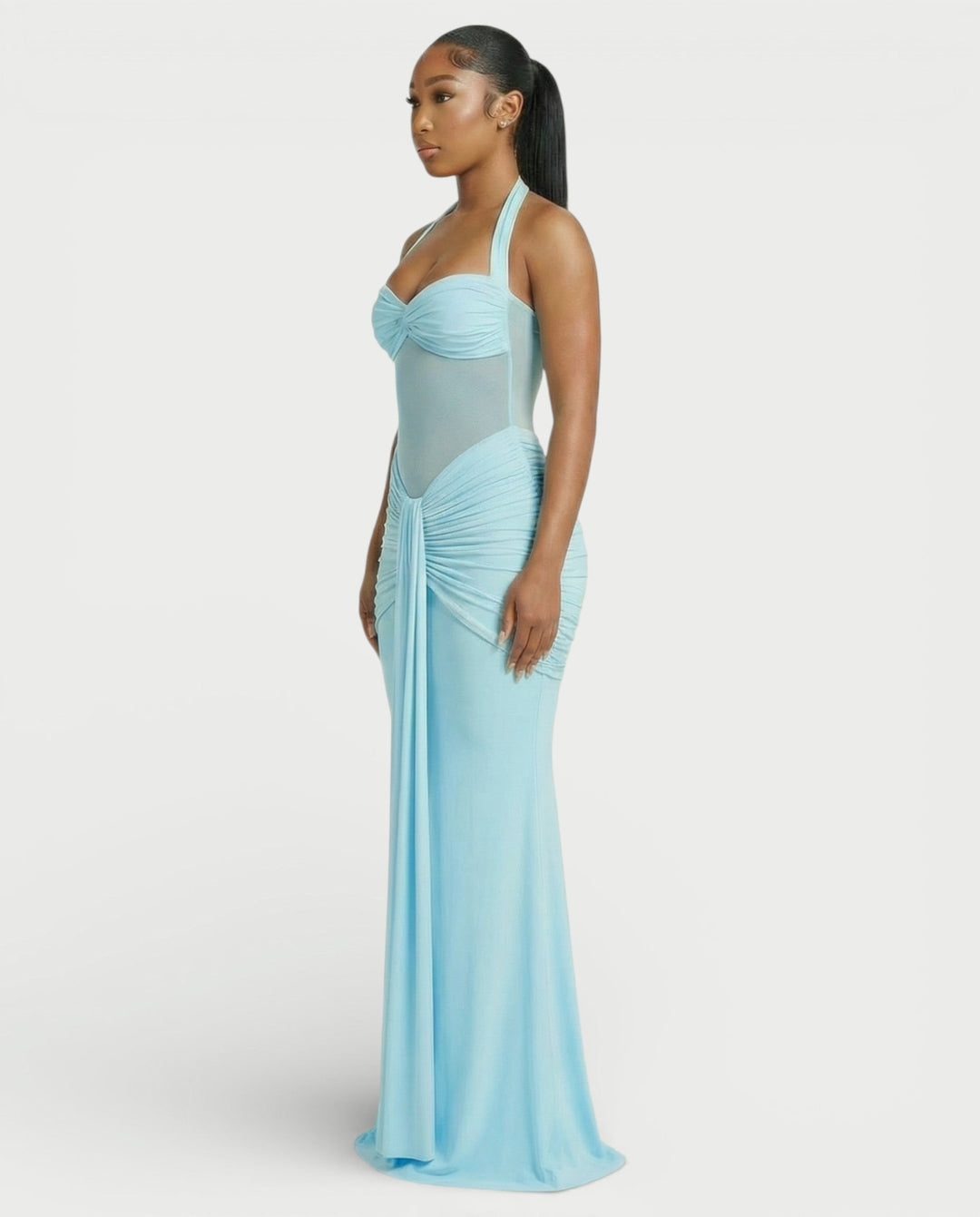 Alleya Halterneck Ruched Mesh Panel Maxi Dress for Women - gallery
