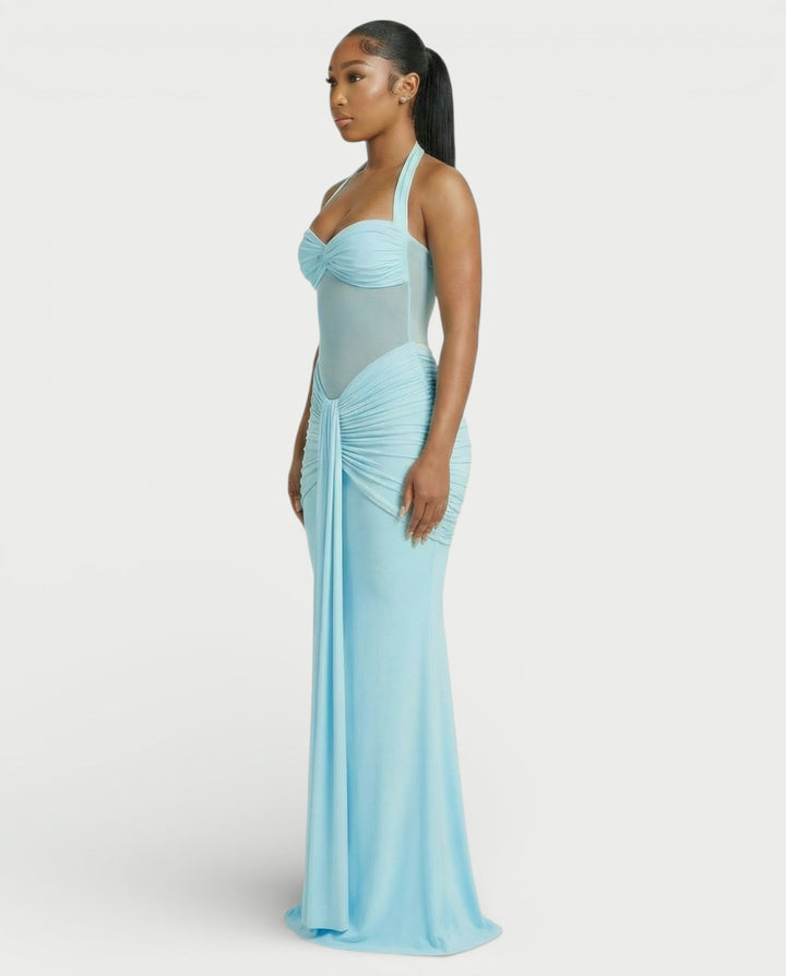 Alleya Halterneck Ruched Mesh Panel Maxi Dress for Women - gallery