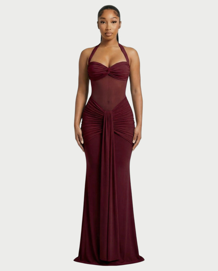 Alleya Halterneck Ruched Mesh Panel Maxi Dress for Women - gallery