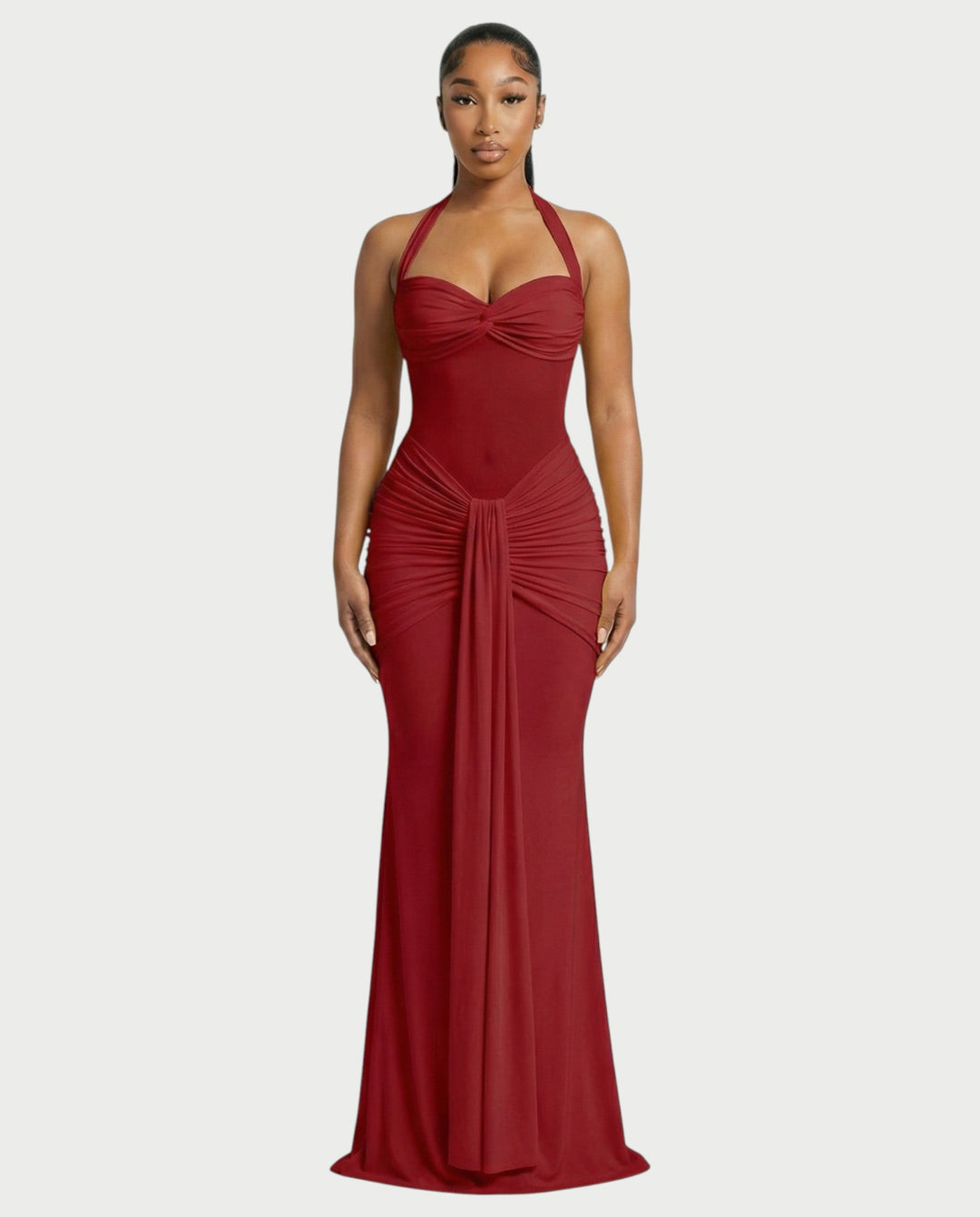 Alleya Halterneck Ruched Mesh Panel Maxi Dress for Women - gallery