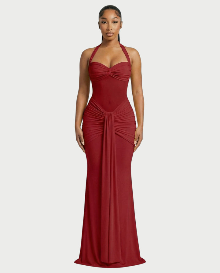 Alleya Halterneck Ruched Mesh Panel Maxi Dress for Women - gallery