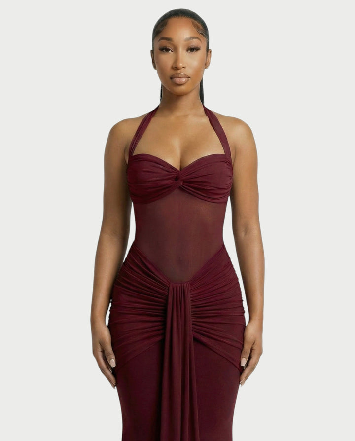 Alleya Halterneck Ruched Mesh Panel Maxi Dress for Women - gallery