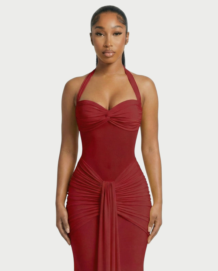 Alleya Halterneck Ruched Mesh Panel Maxi Dress for Women - gallery