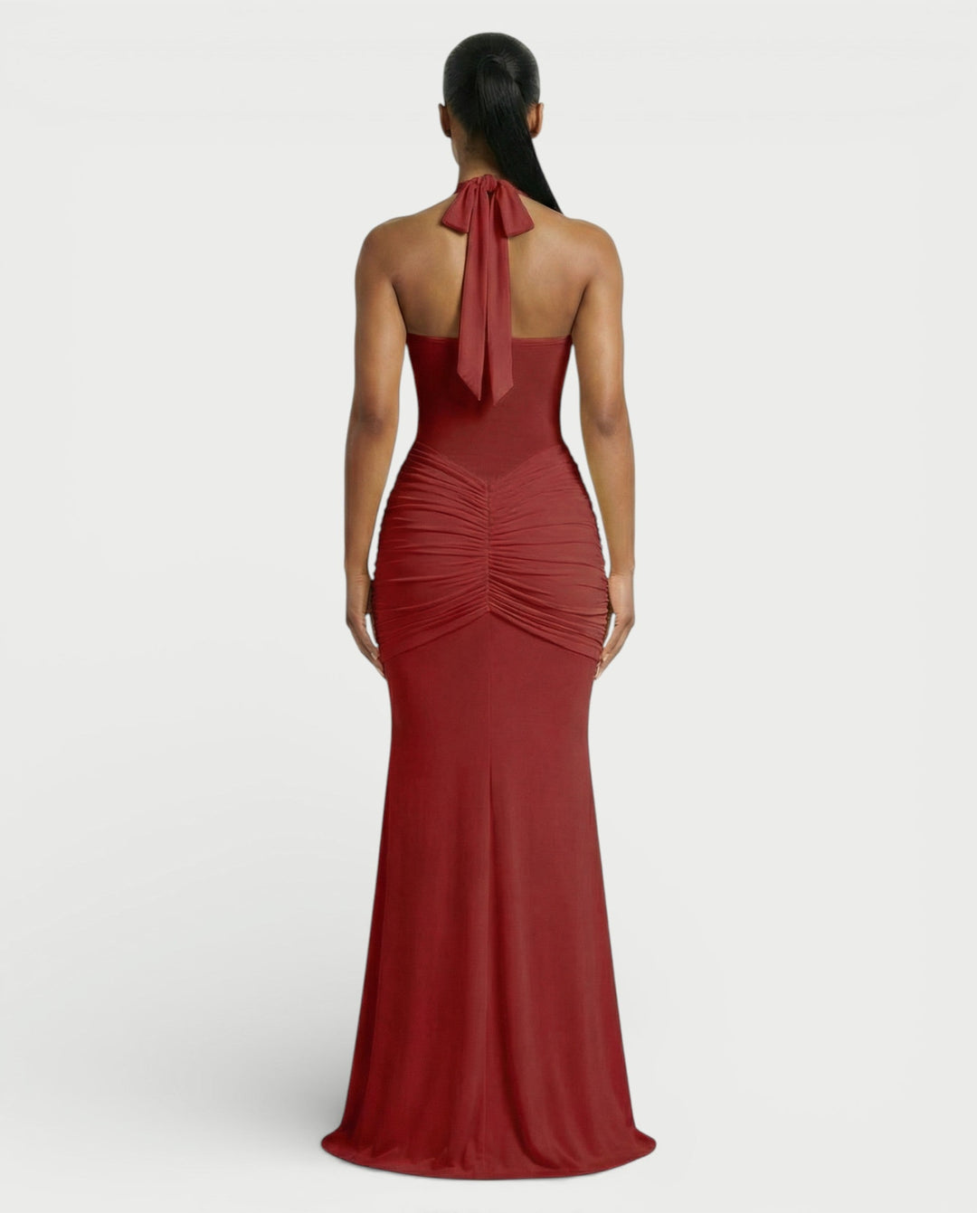 Alleya Halterneck Ruched Mesh Panel Maxi Dress for Women - gallery