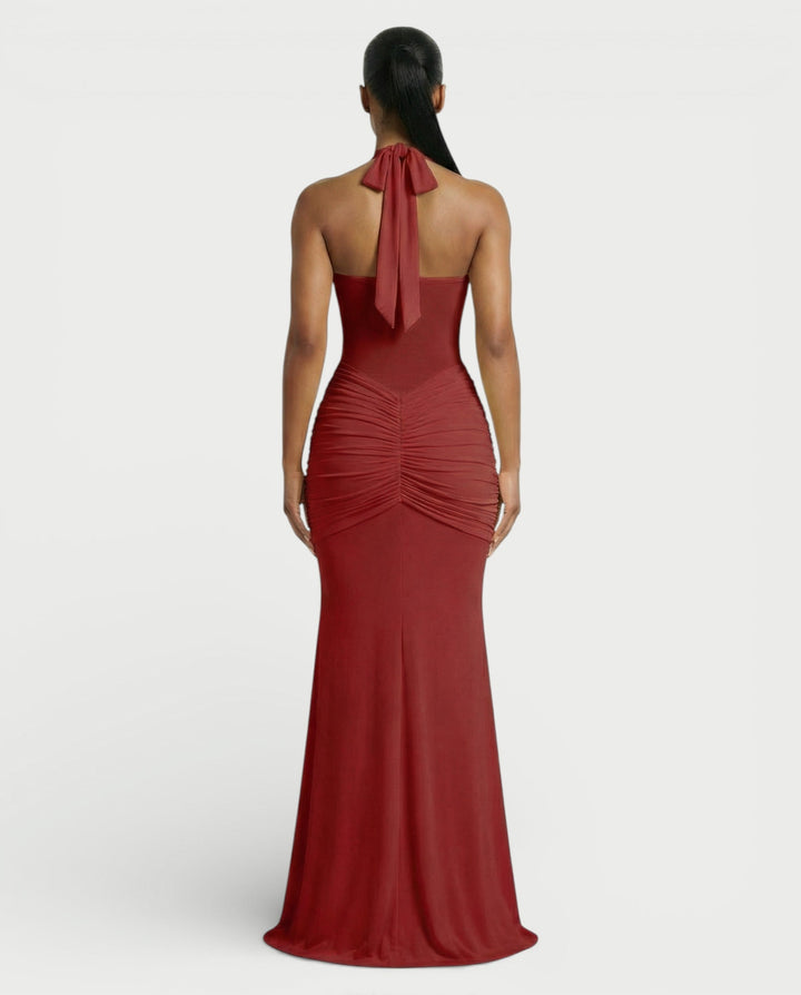 Alleya Halterneck Ruched Mesh Panel Maxi Dress for Women - gallery