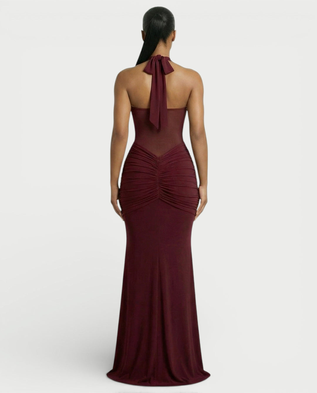 Alleya Halterneck Ruched Mesh Panel Maxi Dress for Women - gallery