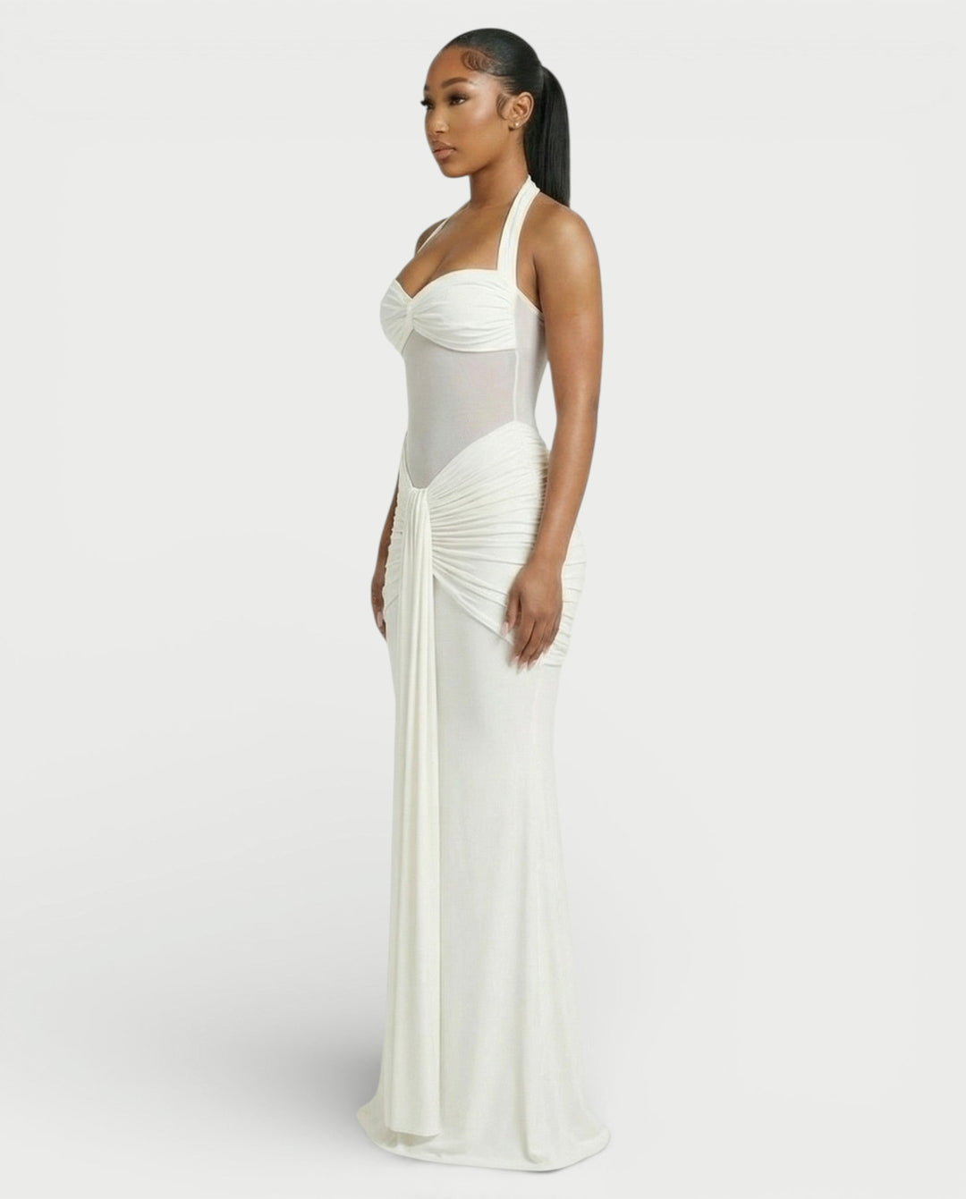 Alleya Halterneck Ruched Mesh Panel Maxi Dress for Women - gallery