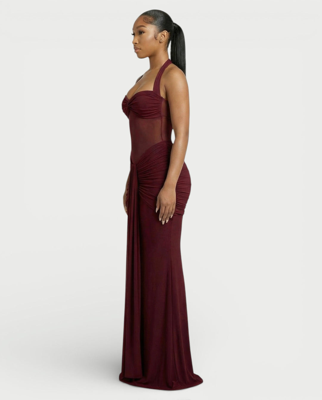 Alleya Halterneck Ruched Mesh Panel Maxi Dress for Women - gallery