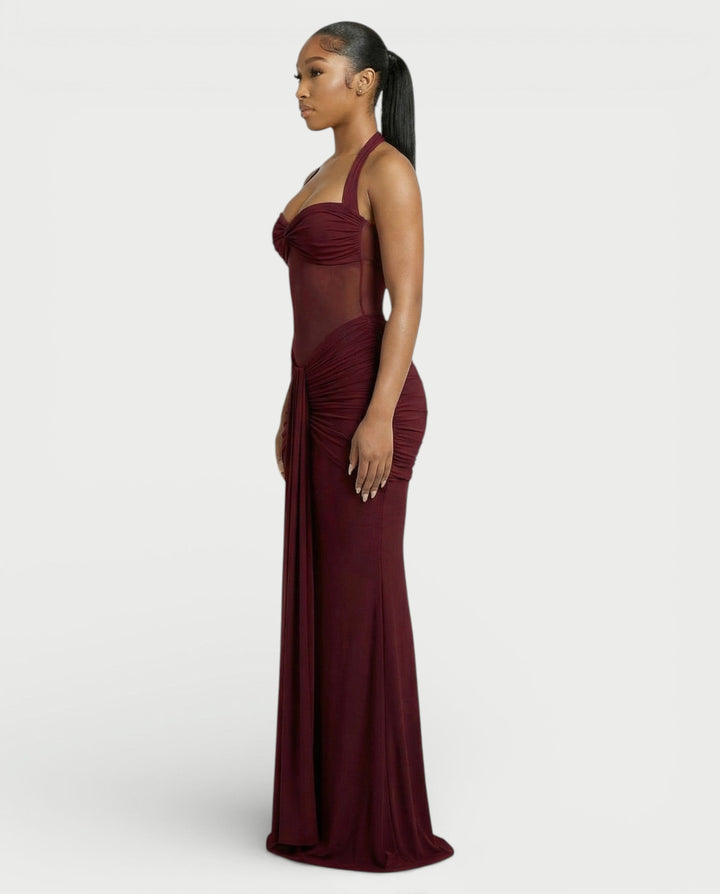 Alleya Halterneck Ruched Mesh Panel Maxi Dress for Women - gallery
