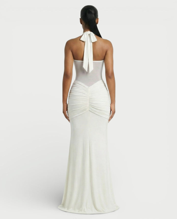 Alleya Halterneck Ruched Mesh Panel Maxi Dress for Women - gallery