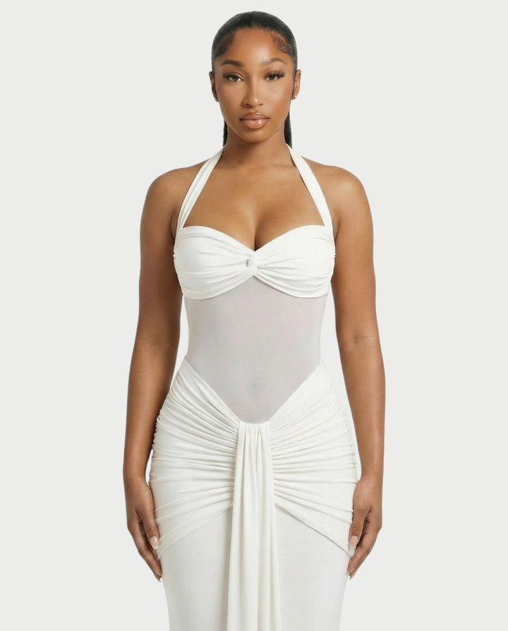 Alleya Halterneck Ruched Mesh Panel Maxi Dress for Women - gallery