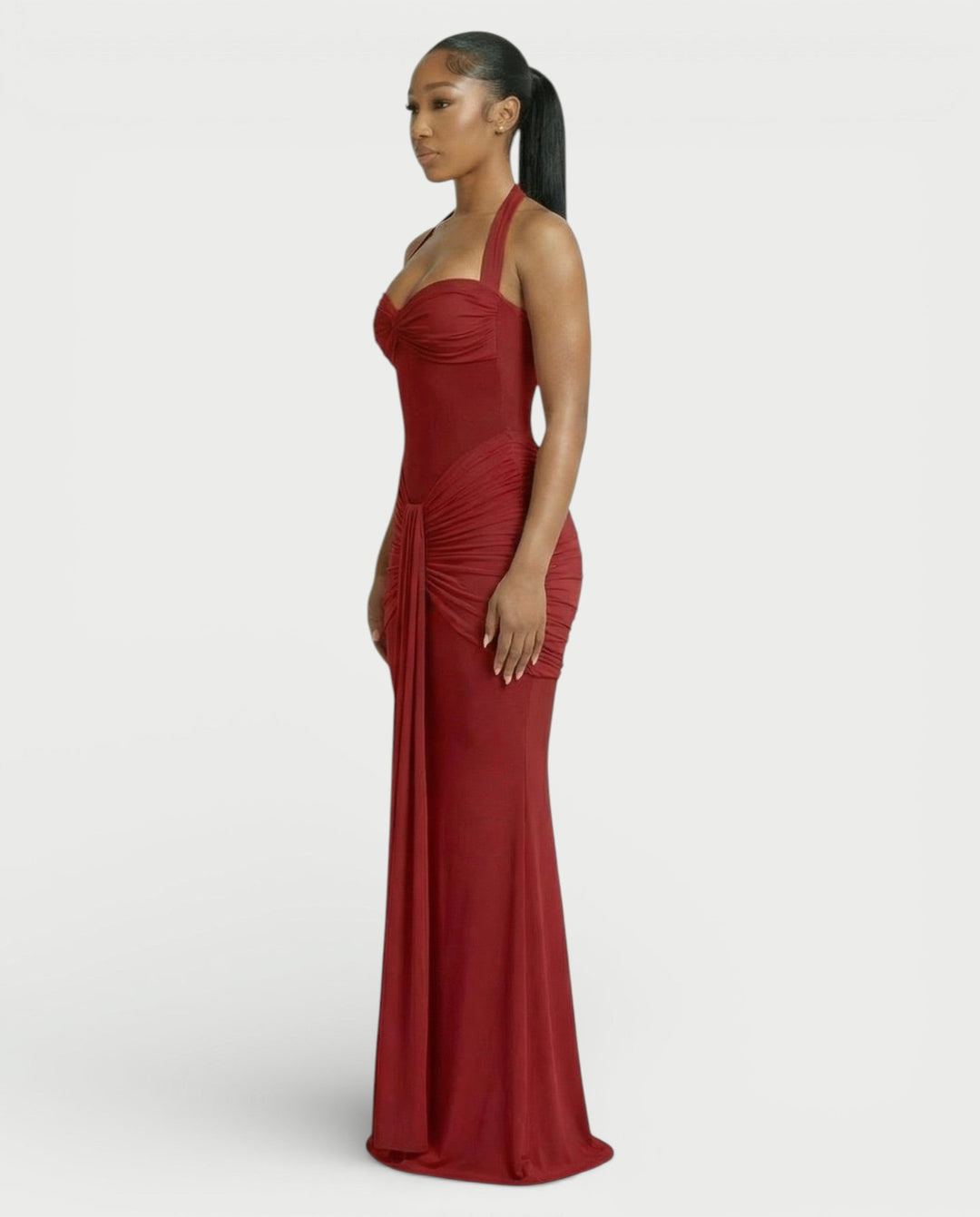 Alleya Halterneck Ruched Mesh Panel Maxi Dress for Women - gallery