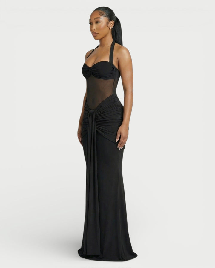 Alleya Halterneck Ruched Mesh Panel Maxi Dress for Women - gallery