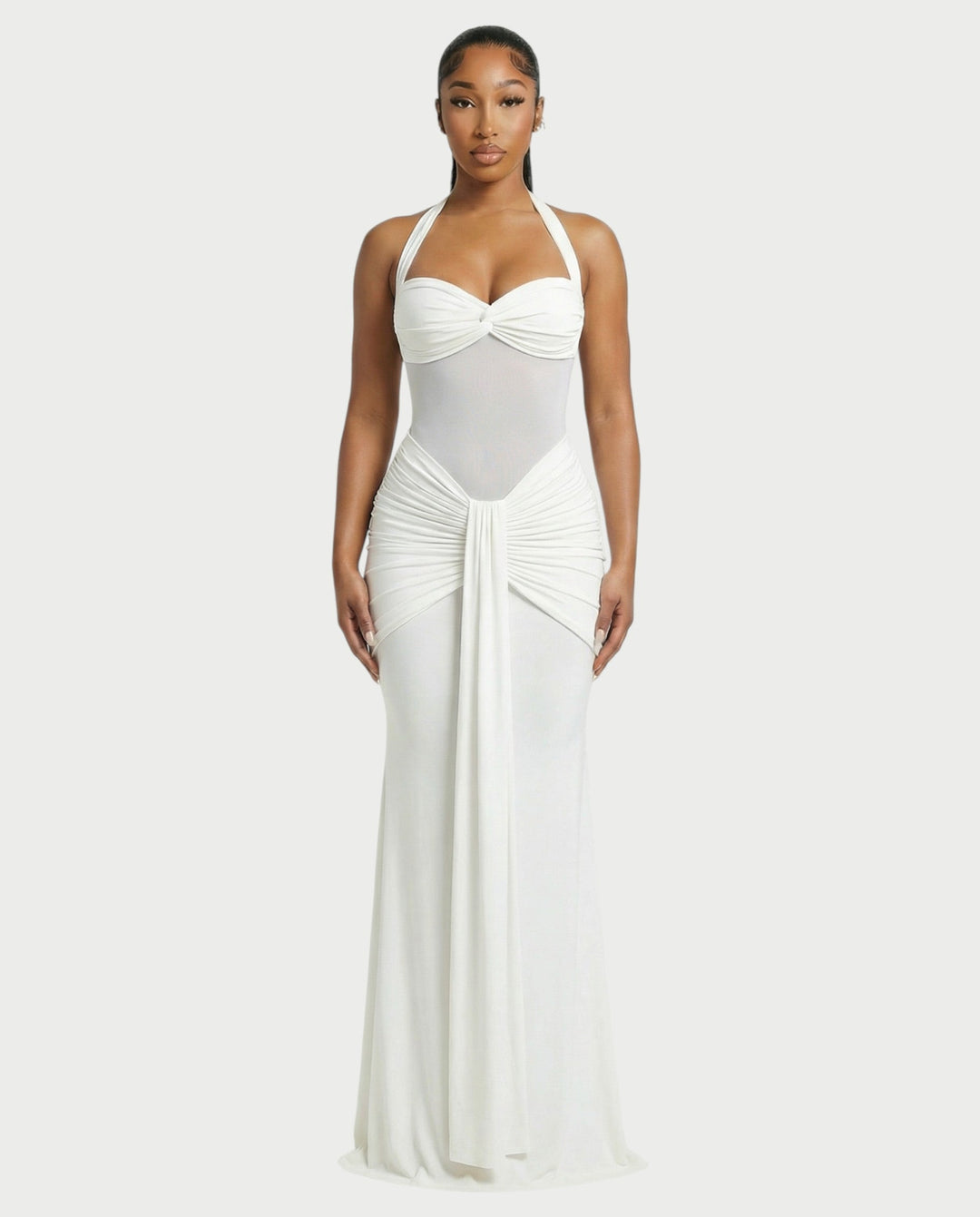 Alleya Halterneck Ruched Mesh Panel Maxi Dress for Women - gallery