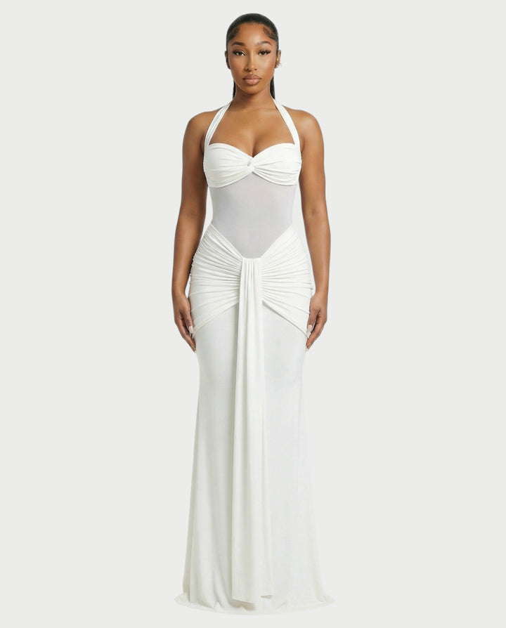 Alleya Halterneck Ruched Mesh Panel Maxi Dress for Women - gallery