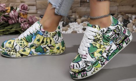 Graffiti-Print Layered Platform Trainers for Women