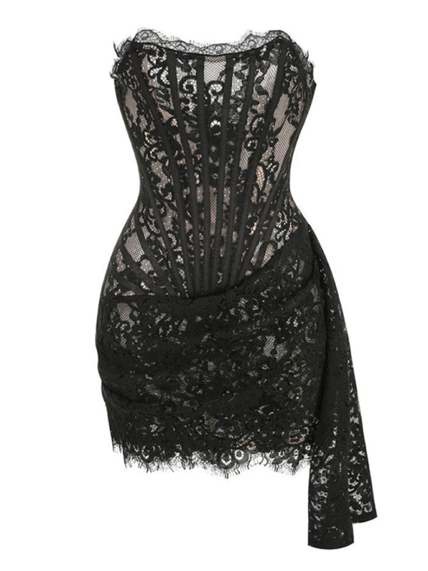 Structured Lace Corset Mini Dress with Boned Bodice