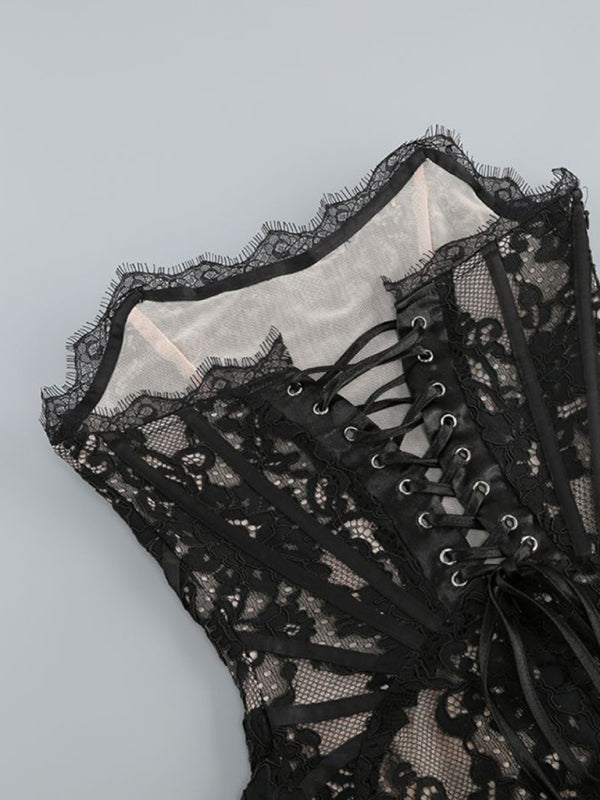 Structured Lace Corset Mini Dress with Boned Bodice